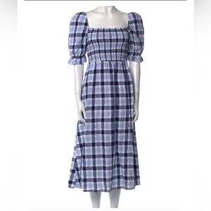 Reformation Linen Midi Dress Blue Plaid Puff Sleeve Smocked Size S